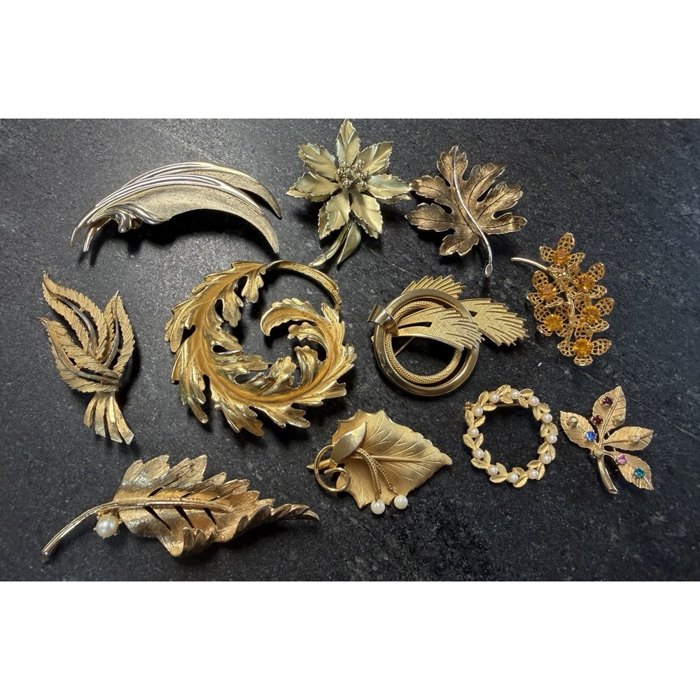 Vintage Brooch Pin Lot 11 Monet BSK Giovanni Anson Gold Tone Rhinestone Pearl